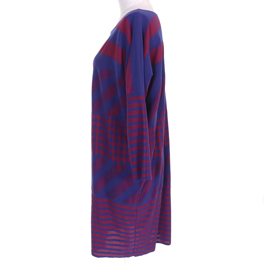 PLEATS PLEASE ワンピース A-POC 総柄 長袖 ブルー レッド 3 PP34LT962