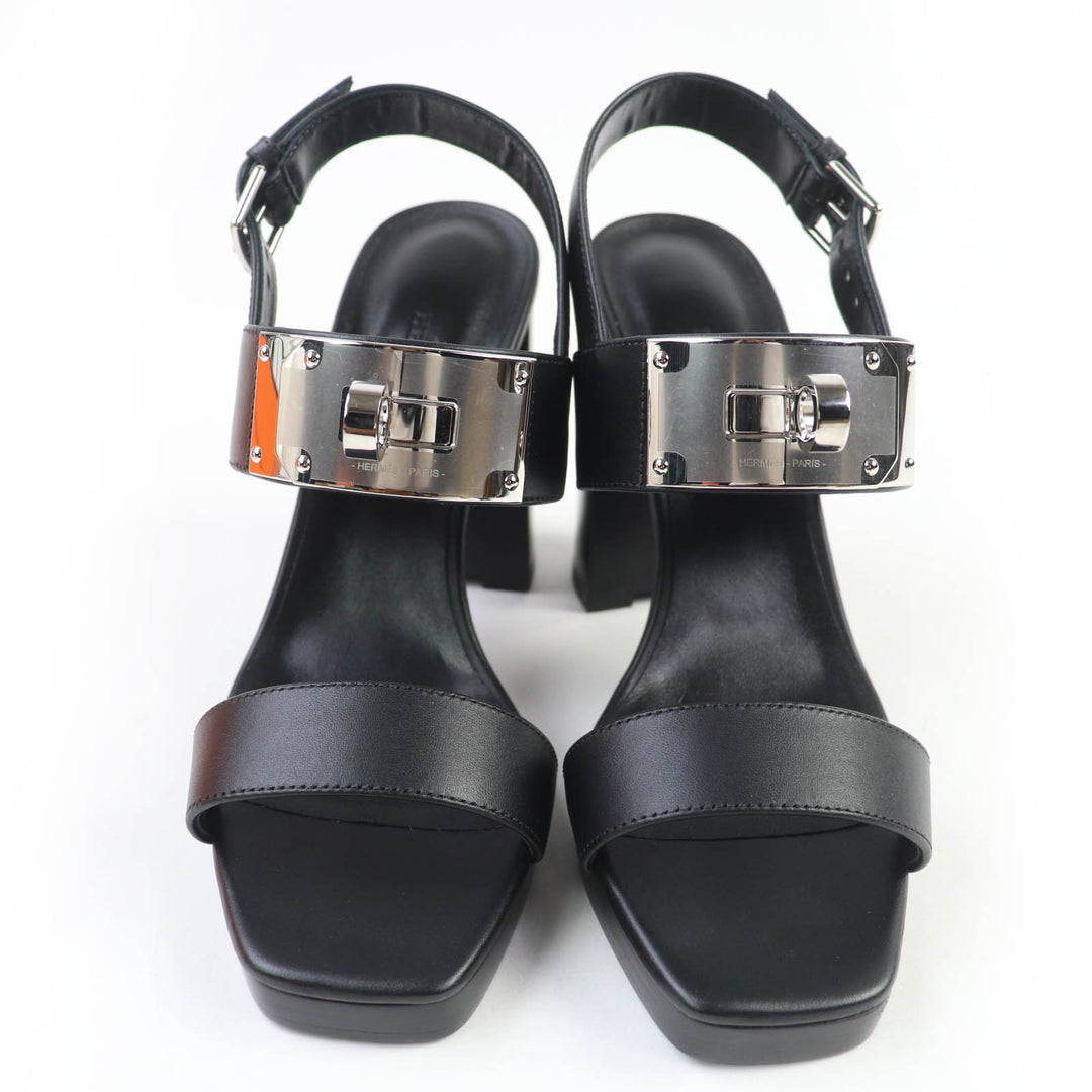 HERMES サンダル イローナ ケリー バックル レザー ブラック レザー レディース 36.5