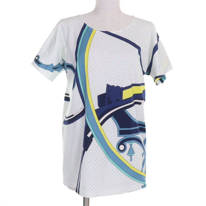 新品 HERMES 半袖Tシャツ Tシャツ ホワイト ブルー系 コットン レディース 34