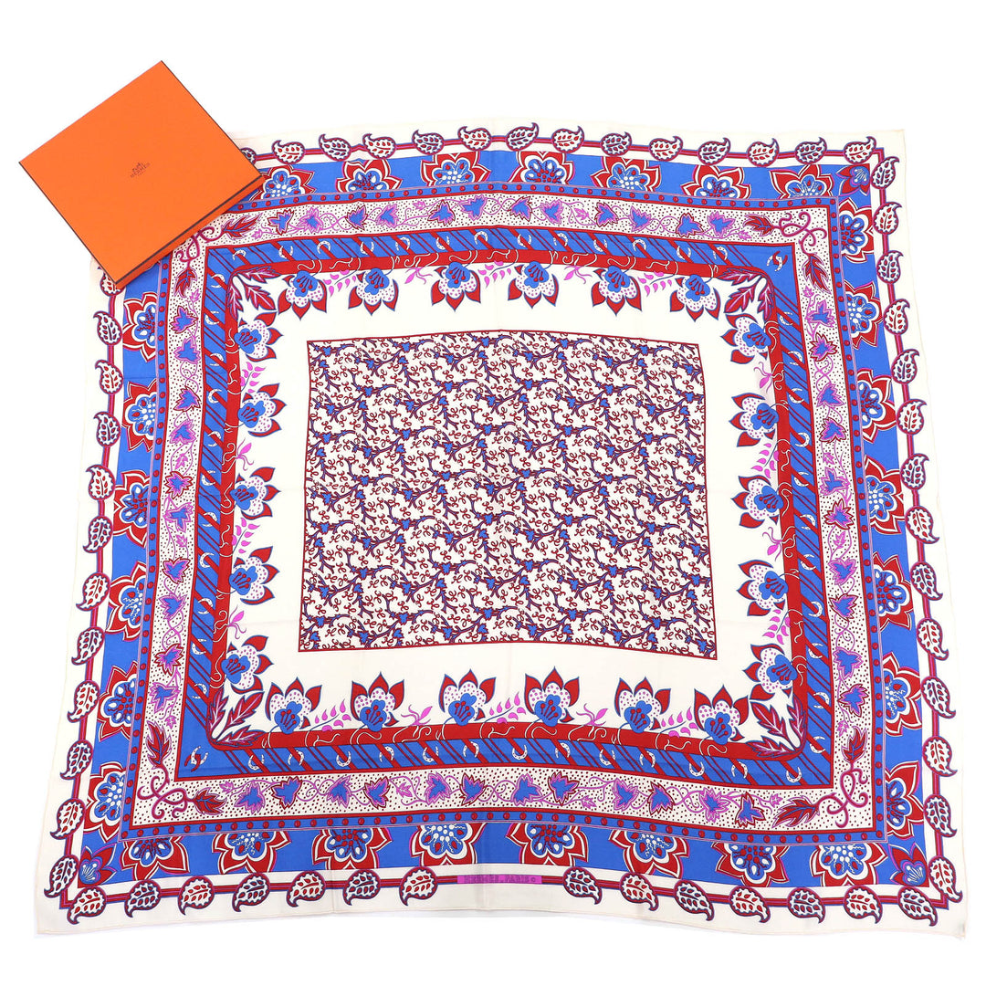 Great HERMES scarf Paisley motif all-over print stole shawl Ivory red blue silk