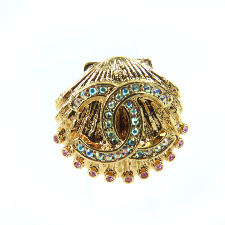 Excellent CHANEL Earring COCO Mark Shell Design with Rhinestones gold Women G23C