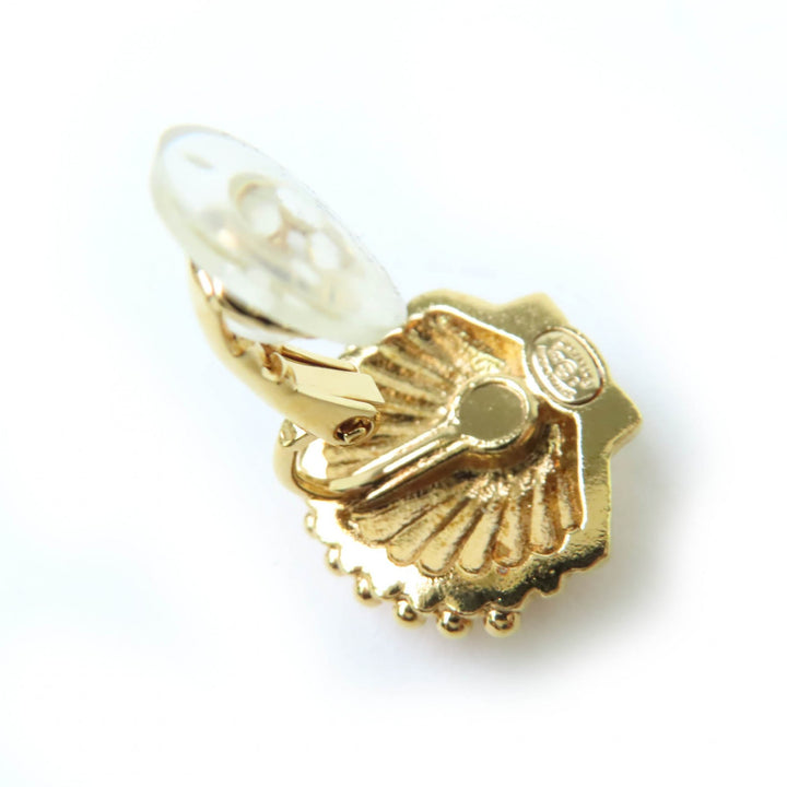 Excellent CHANEL Earring COCO Mark Shell Design with Rhinestones gold Women G23C