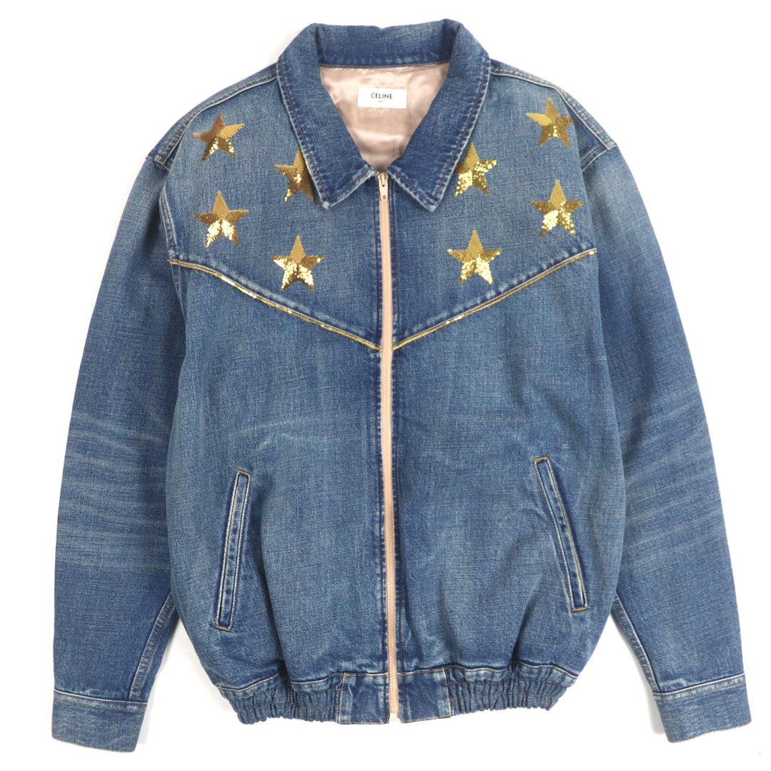 Excellent CELINE Denim Jacket Star Embroidery Loose Teddy Indigo cotton mens L