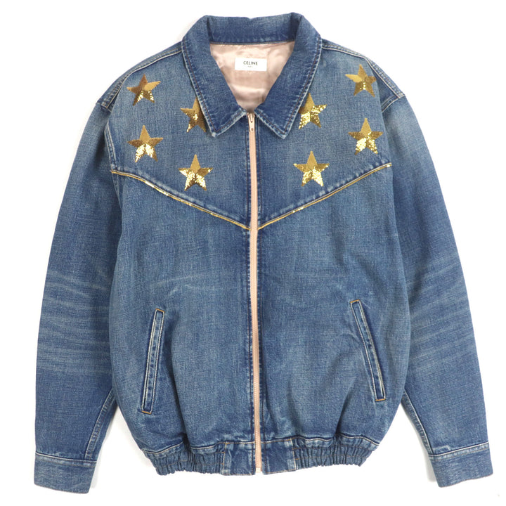 Excellent CELINE Denim Jacket Star Embroidery Loose Teddy Indigo cotton mens L