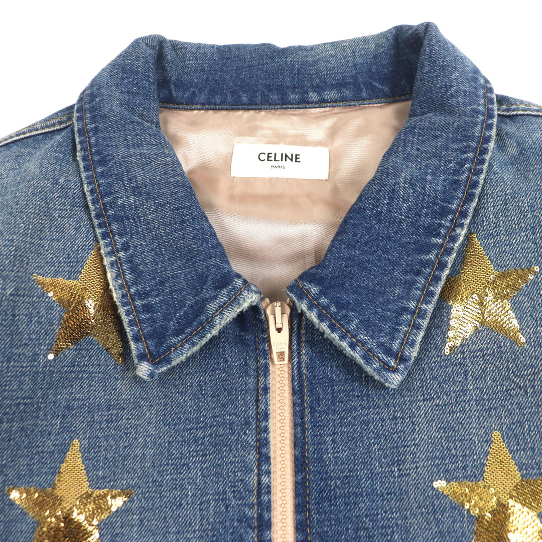 Excellent CELINE Denim Jacket Star Embroidery Loose Teddy Indigo cotton mens L
