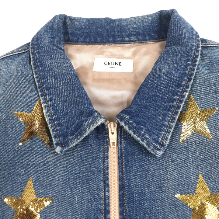 Excellent CELINE Denim Jacket Star Embroidery Loose Teddy Indigo cotton mens L