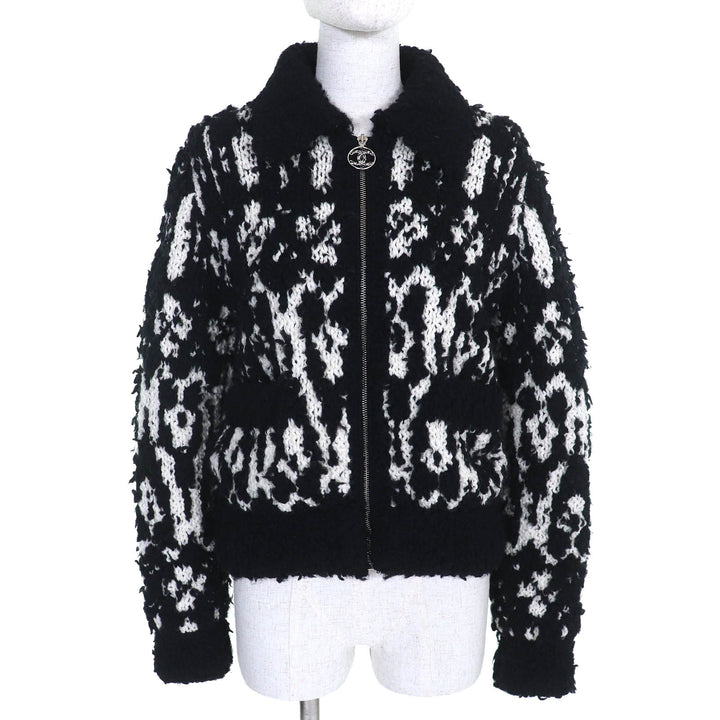 Excellent CHANEL COCO Mark Pull-Top Knit Blouson Zip-Up Jacket Black White wool 36 P62173