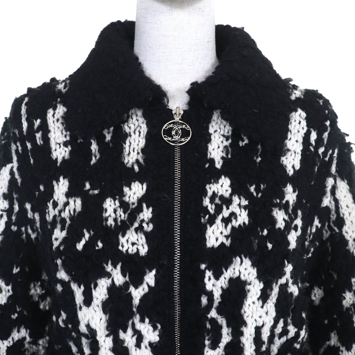 Excellent CHANEL COCO Mark Pull-Top Knit Blouson Zip-Up Jacket Black White wool 36 P62173