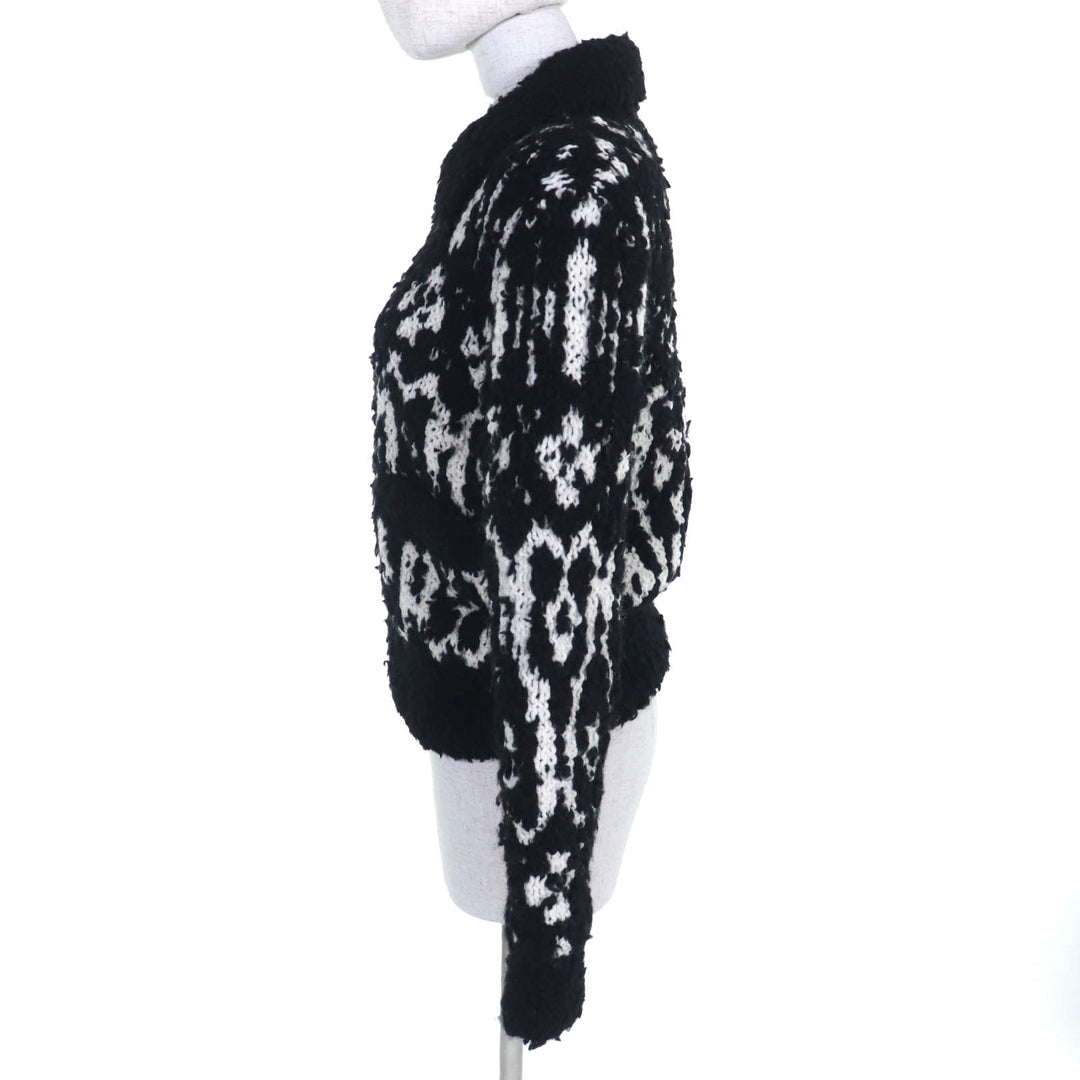 Excellent CHANEL COCO Mark Pull-Top Knit Blouson Zip-Up Jacket Black White wool 36 P62173