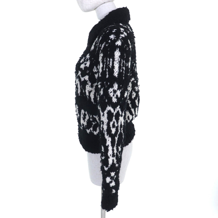 Excellent CHANEL COCO Mark Pull-Top Knit Blouson Zip-Up Jacket Black White wool 36 P62173