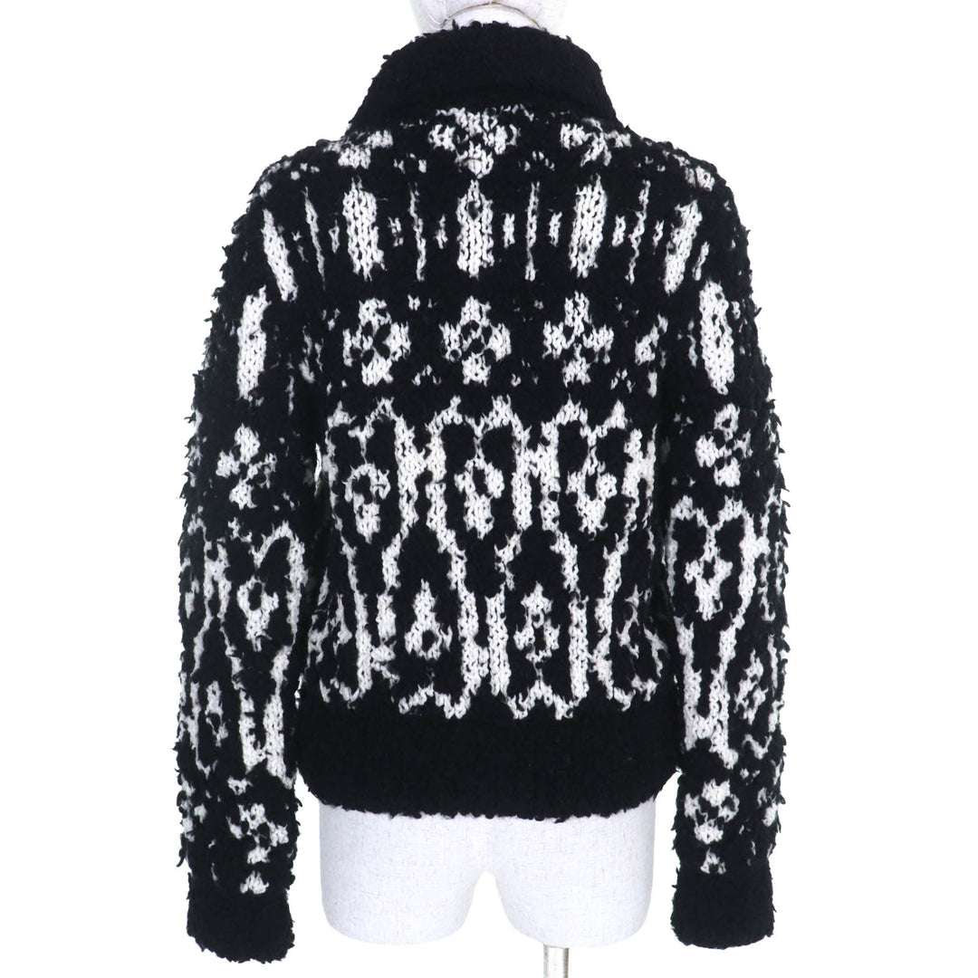 Excellent CHANEL COCO Mark Pull-Top Knit Blouson Zip-Up Jacket Black White wool 36 P62173