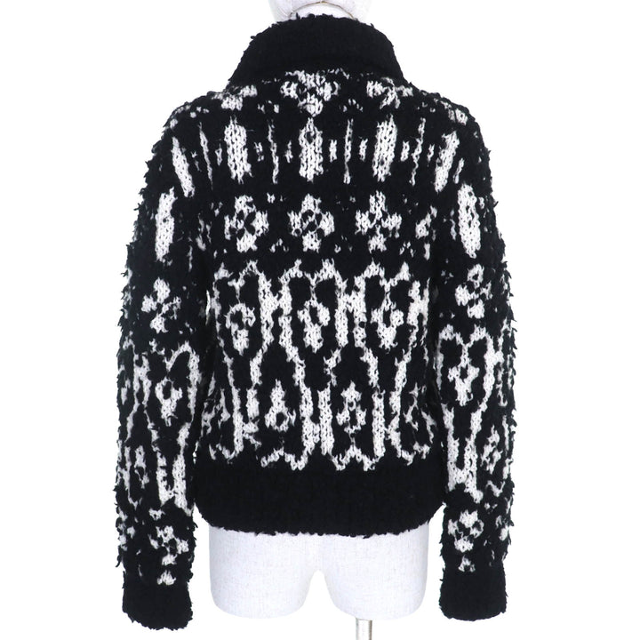 Excellent CHANEL COCO Mark Pull-Top Knit Blouson Zip-Up Jacket Black White wool 36 P62173