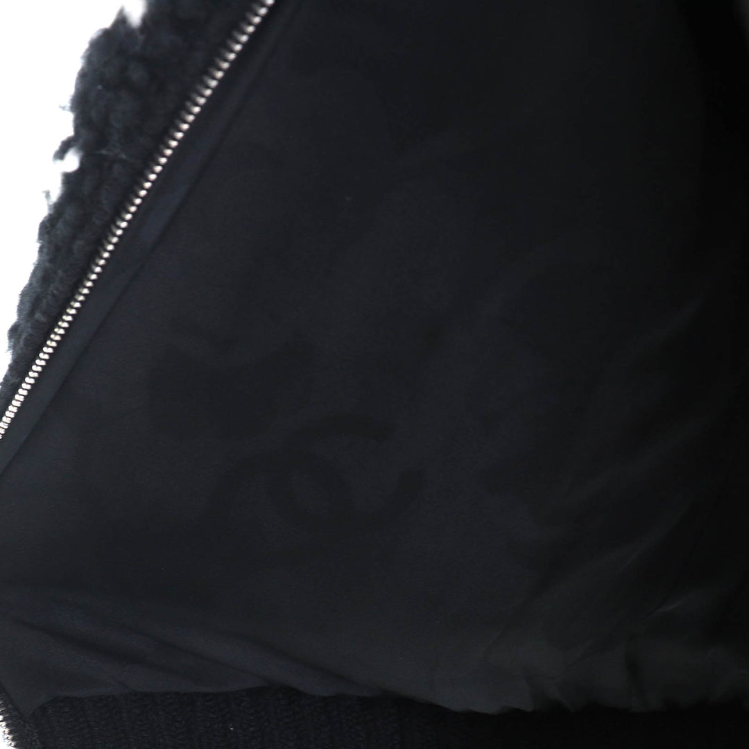 Excellent CHANEL COCO Mark Pull-Top Knit Blouson Zip-Up Jacket Black White wool 36 P62173