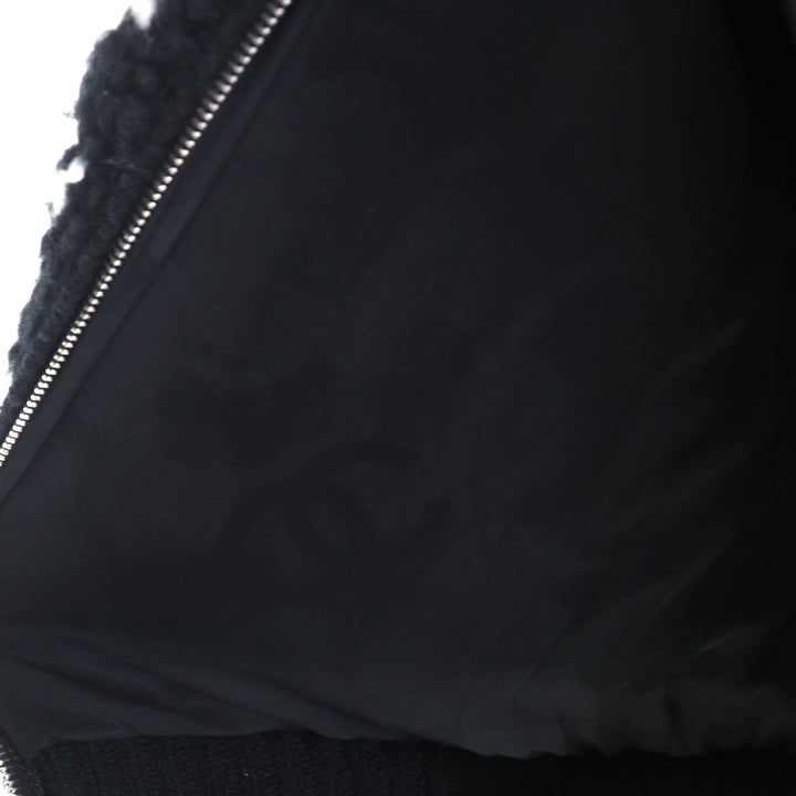 Excellent CHANEL COCO Mark Pull-Top Knit Blouson Zip-Up Jacket Black White wool 36 P62173