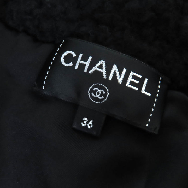 Excellent CHANEL COCO Mark Pull-Top Knit Blouson Zip-Up Jacket Black White wool 36 P62173
