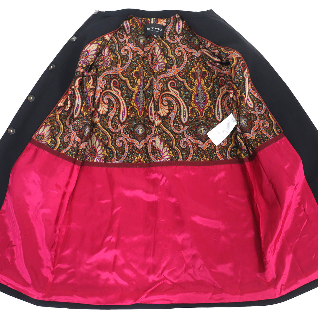Excellent ETROcoat Paisleylining,embroidered pattern,nocollar,long black wool 38