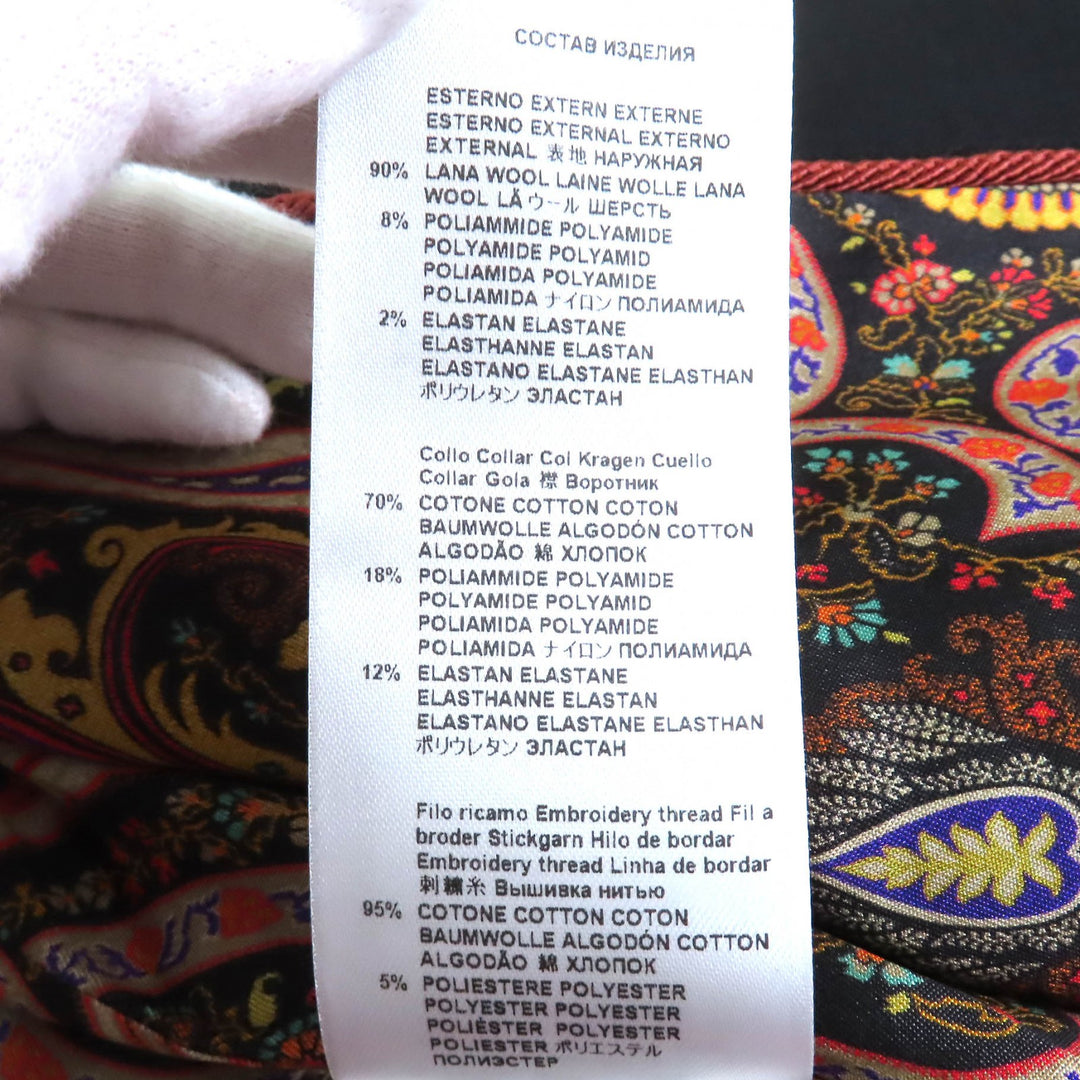 Excellent ETROcoat Paisleylining,embroidered pattern,nocollar,long black wool 38