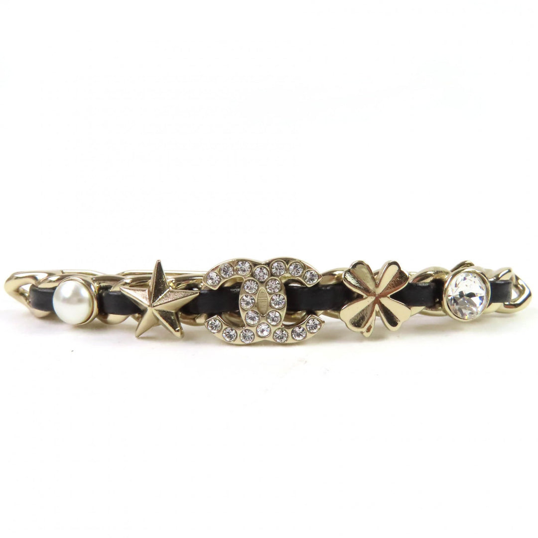 Excellent CHANEL VallettaCOCOMark ChainPearlStarCloverBijou Goldblack Women B20B