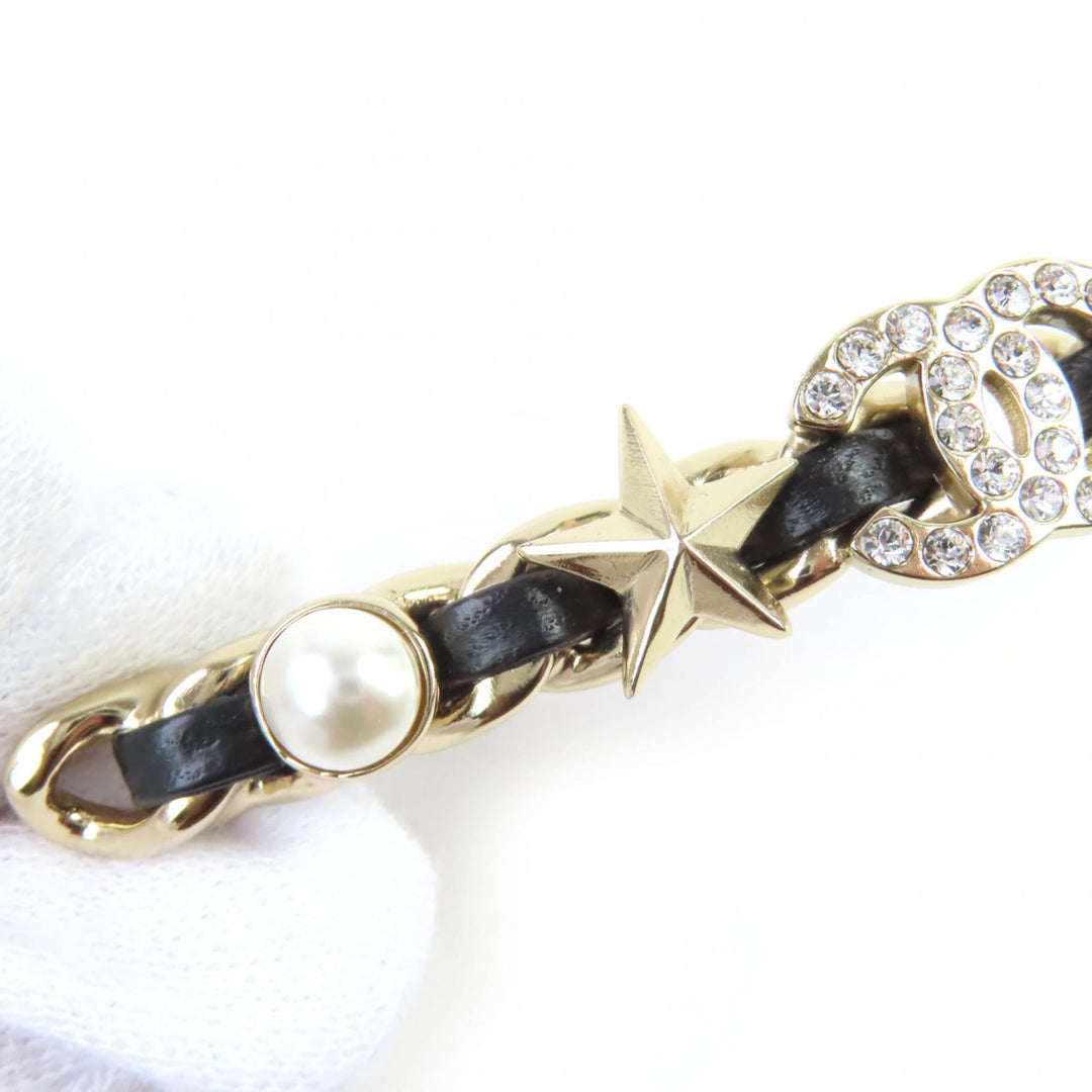 Excellent CHANEL VallettaCOCOMark ChainPearlStarCloverBijou Goldblack Women B20B