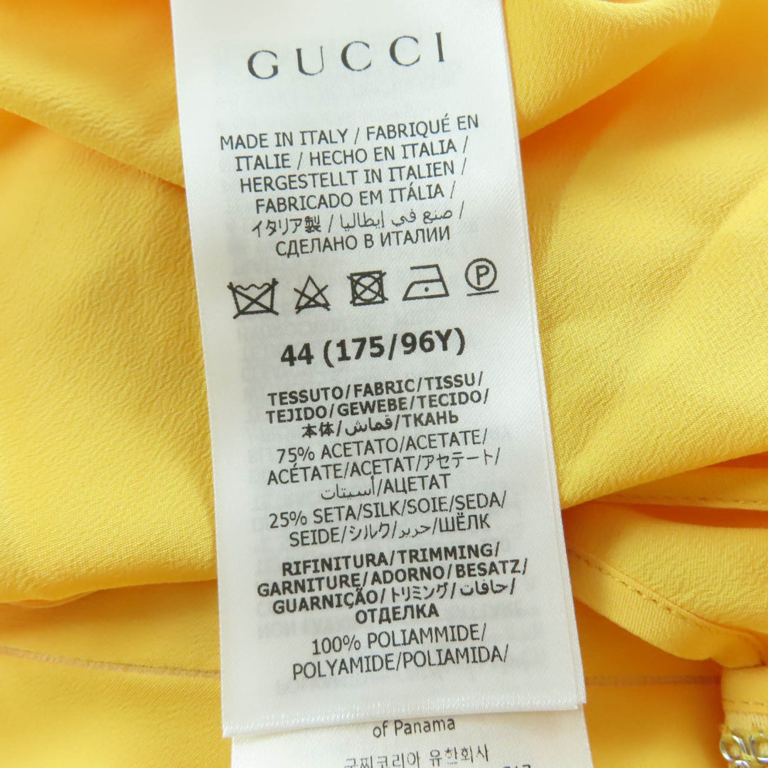 新品 GUCCI ワンピース ラウンドカラー シフォンドレス イエロー シルク レディース 44 728125