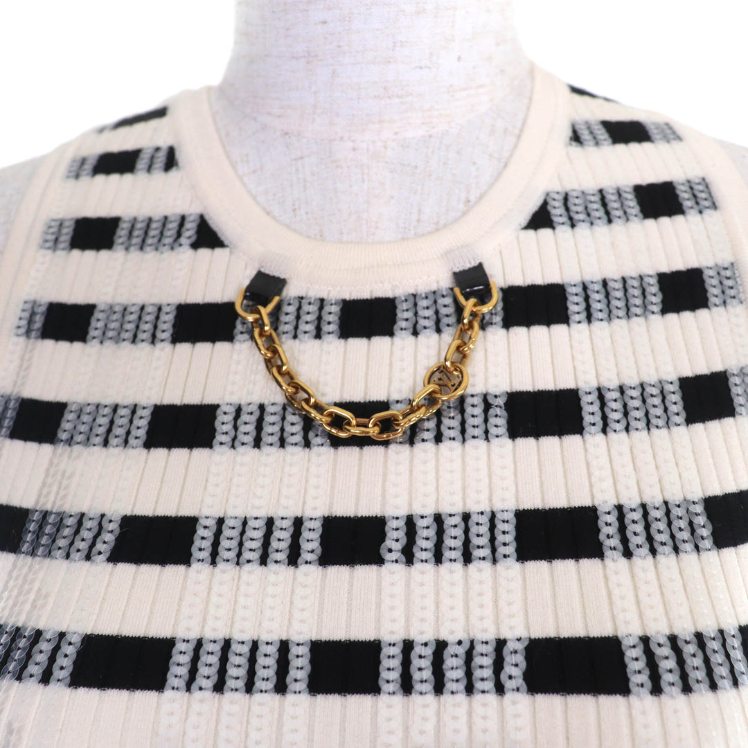 素晴らしい LOUIS VUITTON LVチェーン スパンコール クロップド ノースリーブ ドレス アイボリー ブラック XS