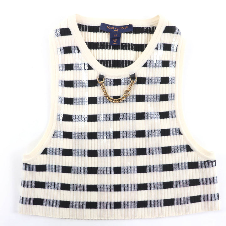 Excellent LOUIS VUITTON LVChain Sequined Cropped Sleeveless Dress Ivory black XS
