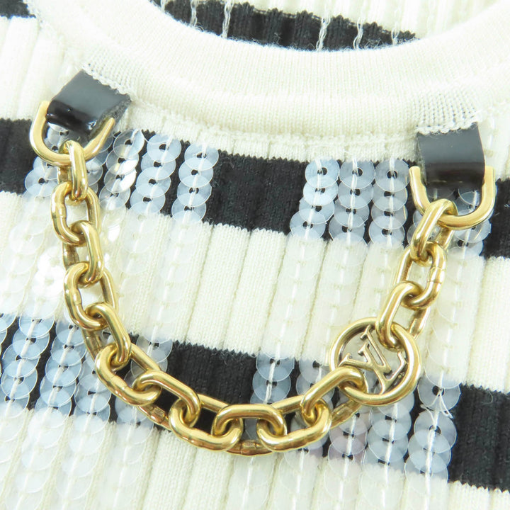 素晴らしい LOUIS VUITTON LVチェーン スパンコール クロップド ノースリーブ ドレス アイボリー ブラック XS
