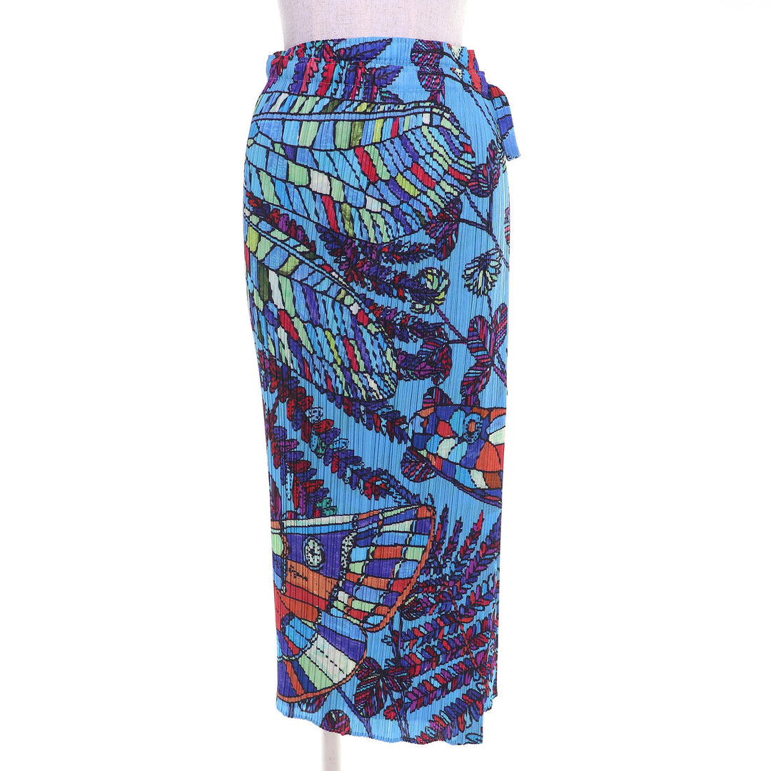 Excellent PLEATS PLEASE Butterfly and Leaf Print Wrap Skirt blue 4 PP81-JG655