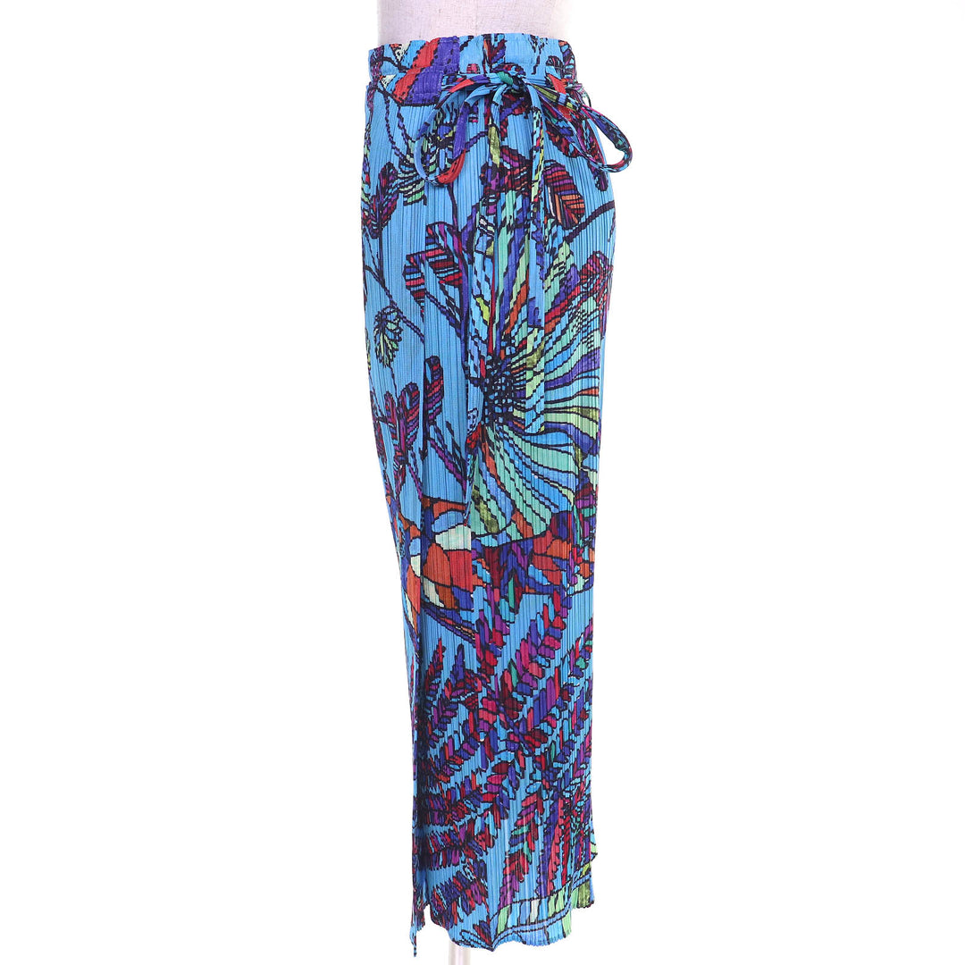 Excellent PLEATS PLEASE Butterfly and Leaf Print Wrap Skirt blue 4 PP81-JG655