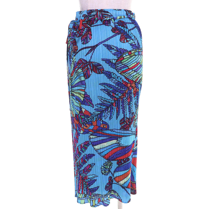 Excellent PLEATS PLEASE Butterfly and Leaf Print Wrap Skirt blue 4 PP81-JG655