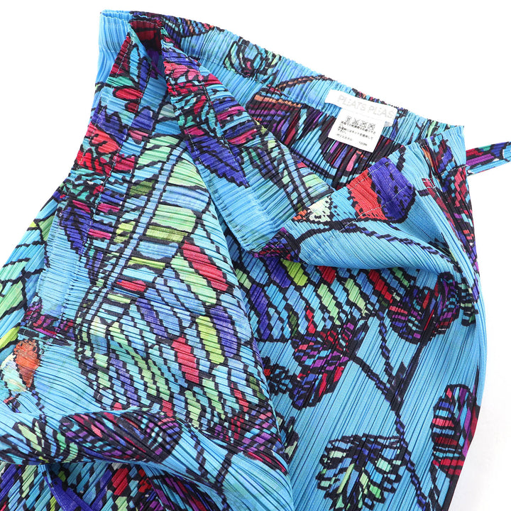 Excellent PLEATS PLEASE Butterfly and Leaf Print Wrap Skirt blue 4 PP81-JG655