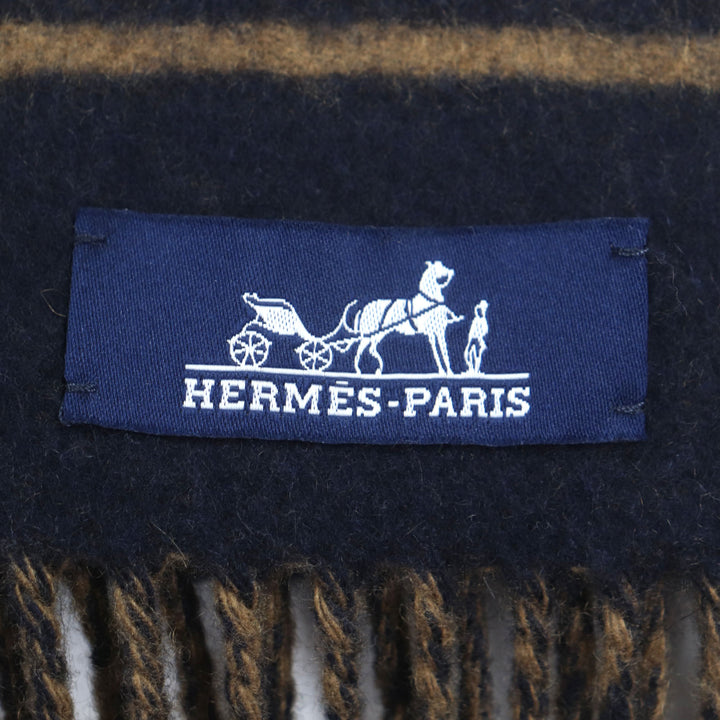 素晴らしいHERMESスカーフサングルブックルフリンジ付きネイビーカシミアメンズ