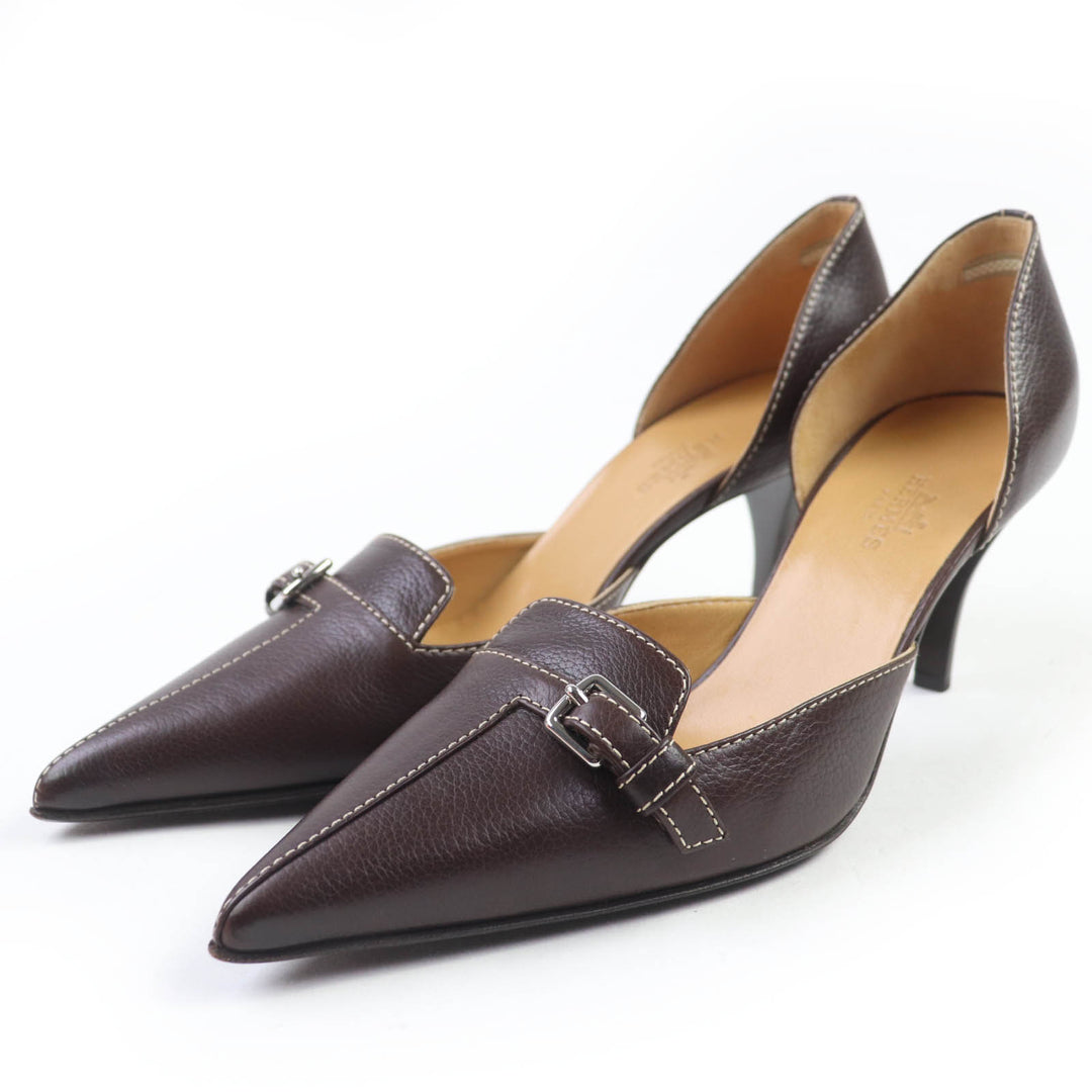 新品 HERMES パンプス ステッチ バックルデザイン レザー ブラウンレザー レディース 36.5