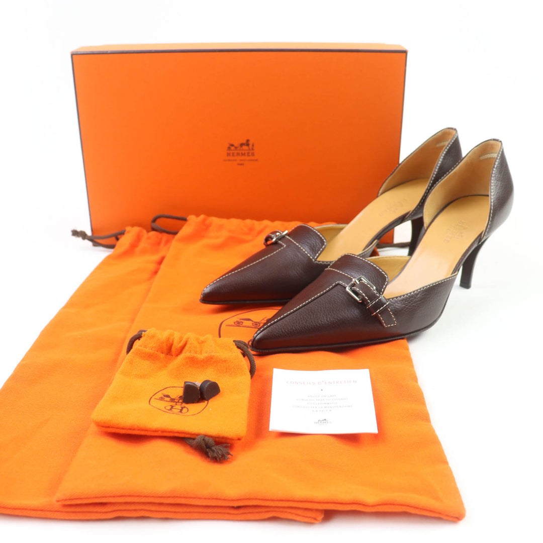 新品 HERMES パンプス ステッチ バックルデザイン レザー ブラウンレザー レディース 36.5