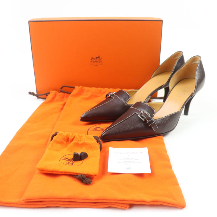 新品 HERMES パンプス ステッチ バックルデザイン レザー ブラウンレザー レディース 36.5