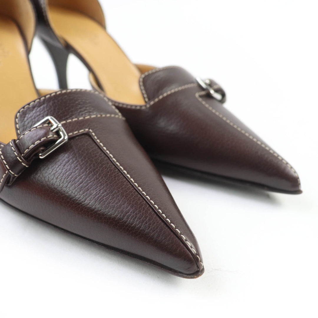 新品 HERMES パンプス ステッチ バックルデザイン レザー ブラウンレザー レディース 36.5