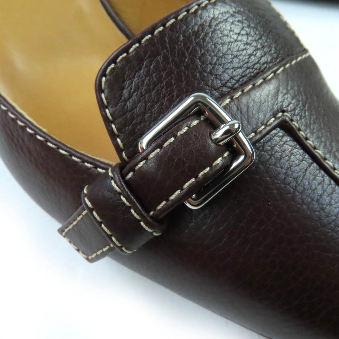 新品 HERMES パンプス ステッチ バックルデザイン レザー ブラウンレザー レディース 36.5