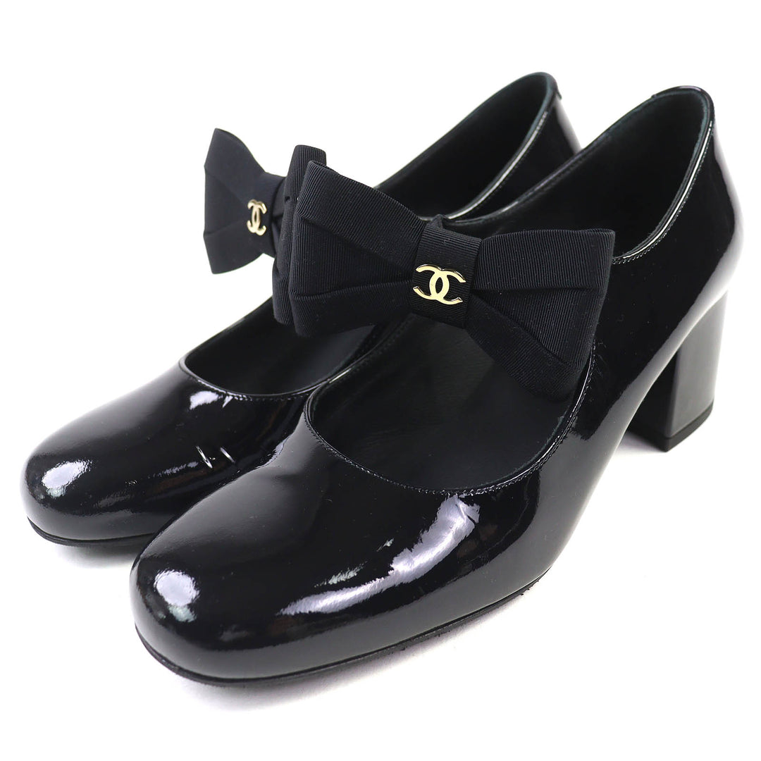 Excellent CHANEL pumps Merry Jane COCO Mark black Patent leather 36.5 G45356