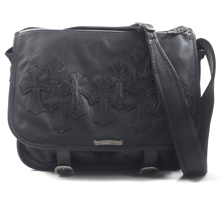 Great CHROME HEARTS Shoulder Bag Cemetery Cloth Patch Large Soft black leather mens