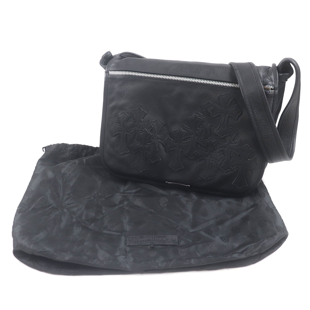 Great CHROME HEARTS Shoulder Bag Cemetery Cloth Patch Large Soft black leather mens
