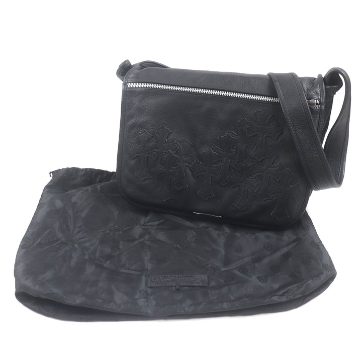 Great CHROME HEARTS Shoulder Bag Cemetery Cloth Patch Large Soft black leather mens