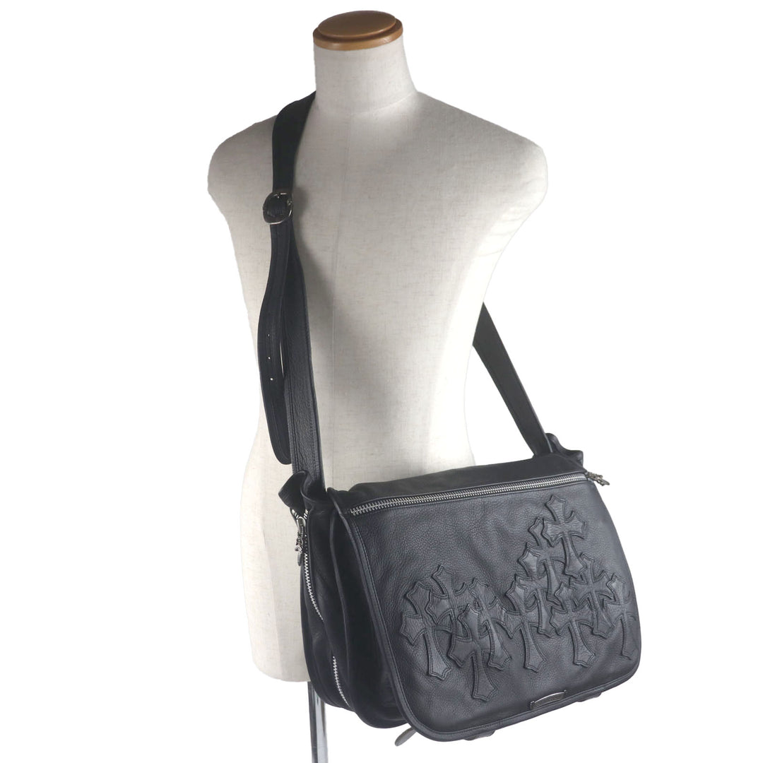 Great CHROME HEARTS Shoulder Bag Cemetery Cloth Patch Large Soft black leather mens