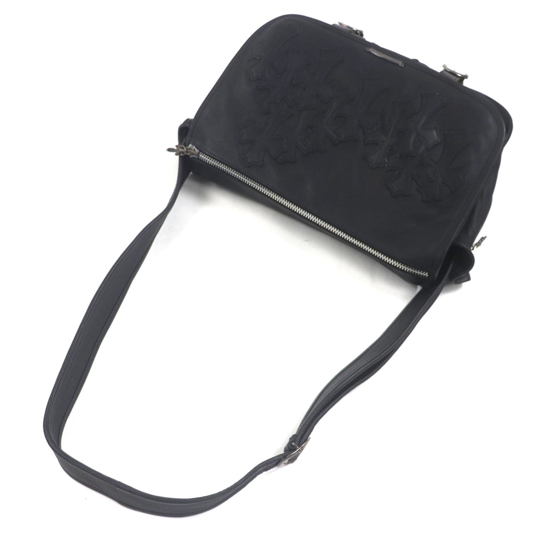 Great CHROME HEARTS Shoulder Bag Cemetery Cloth Patch Large Soft black leather mens