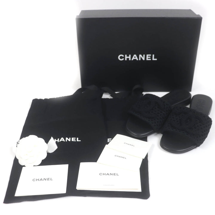 Pristine CHANEL Mule CC logo crochet design sandals black ー Women 24M G45516
