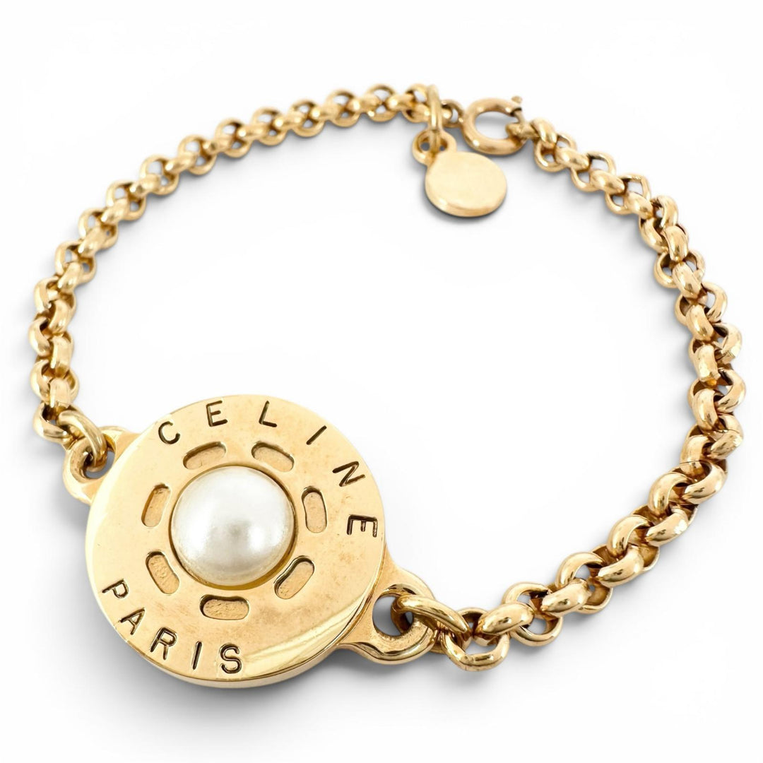 Excellent CELINE bracelet Circle logo gold Fake pearl Women