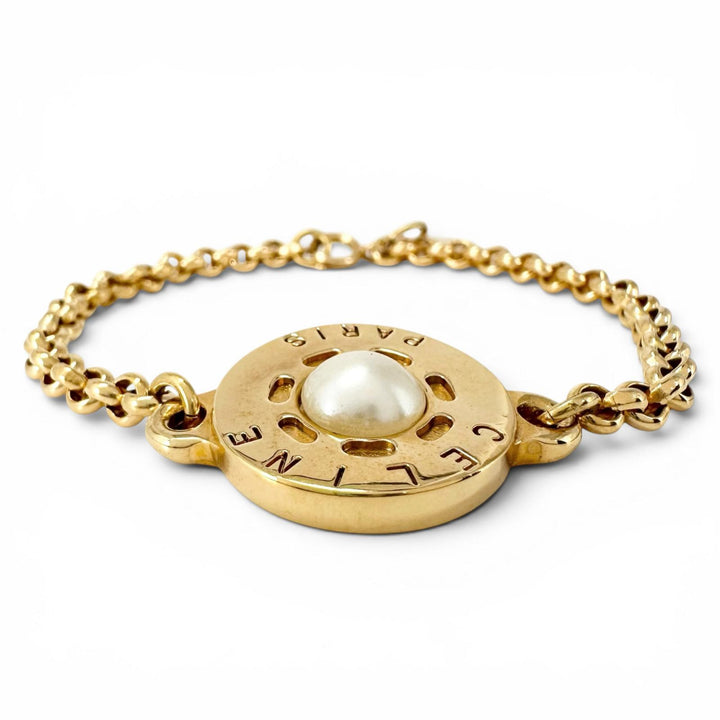 Excellent CELINE bracelet Circle logo gold Fake pearl Women