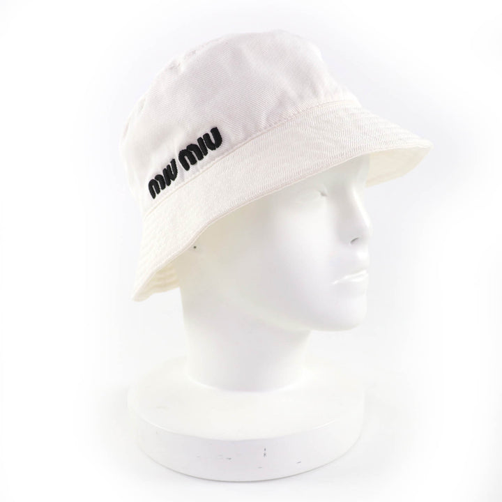 Great MIUMIU hat Logo embroidery bucket hat white cotton Women M 5HC196