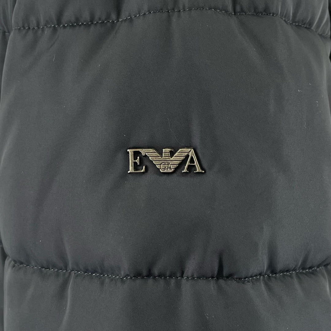 EMPORIO ARMANI ダウンコート フード付き ロゴボタン ネイビー ポリエステル レディース 40