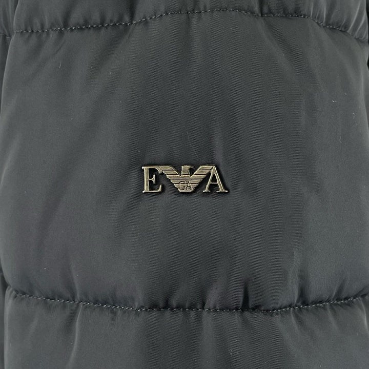EMPORIO ARMANI ダウンコート フード付き ロゴボタン ネイビー ポリエステル レディース 40