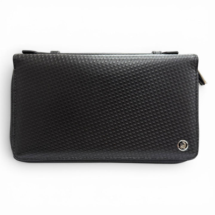 Great Dunhill Purse Micro D8 Logo Metal Double Zipper Organizer black leather